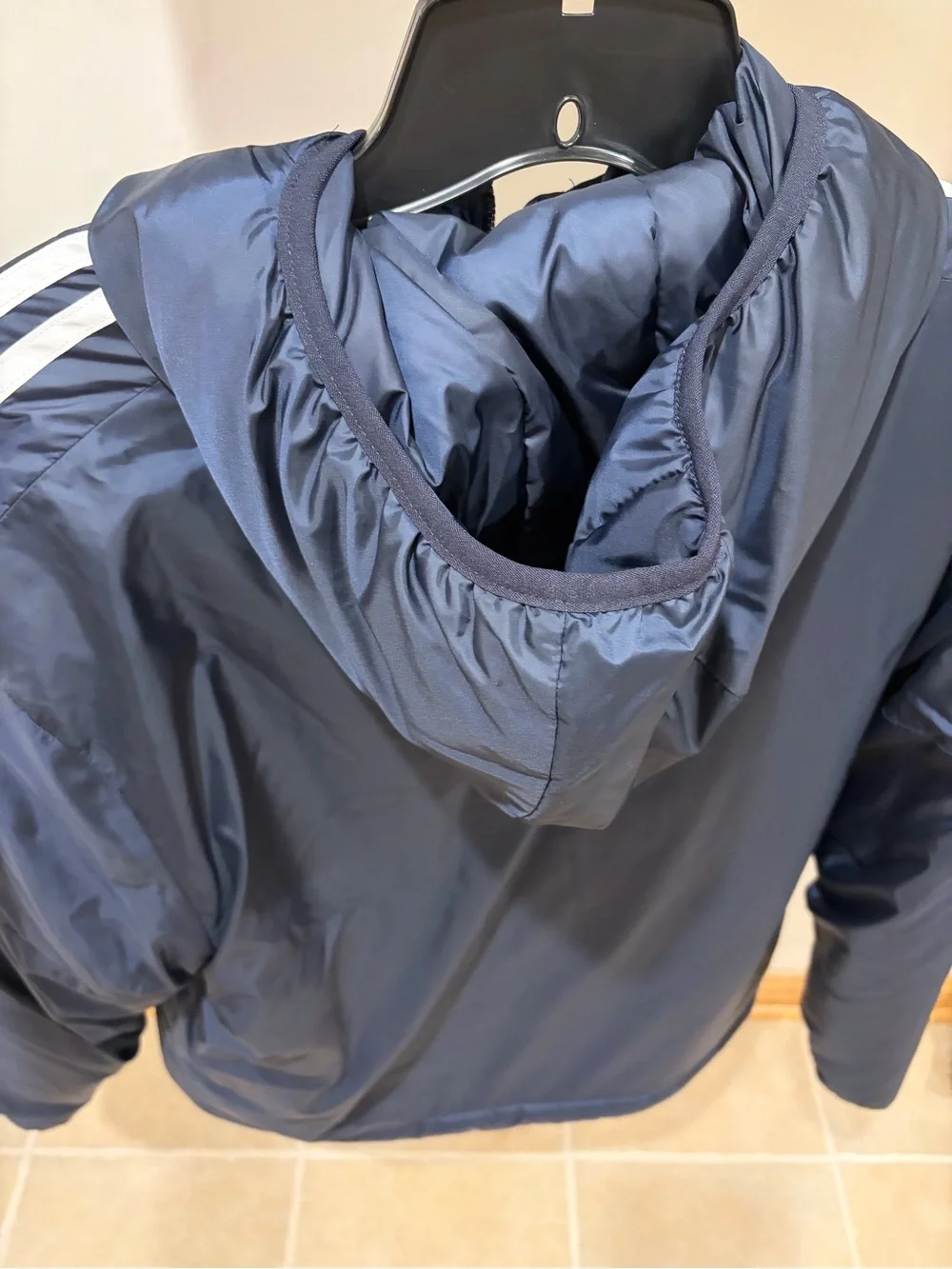 NEW Adidas Mens Small blue Hooded Puffer Jacket 3 stripe lightweight winter coat